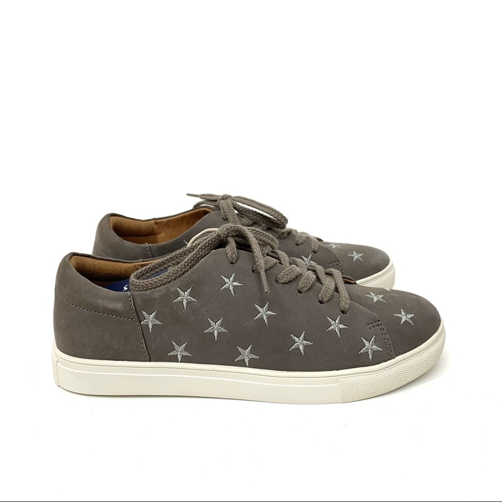 Joules Solena Luxe Grystar Gray Leather Embroidered Star Sneakers New Nib Nwt